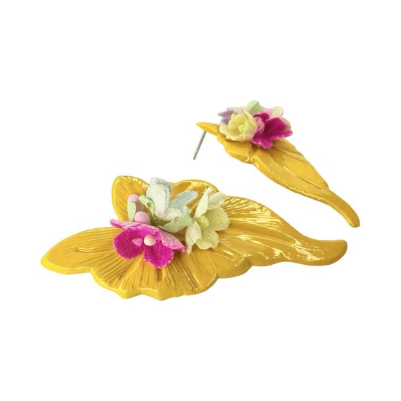 Yellow Flower Bouquet Statement Earrings 2.5" Floral Spray Spring Summer - Picture 3 of 8
